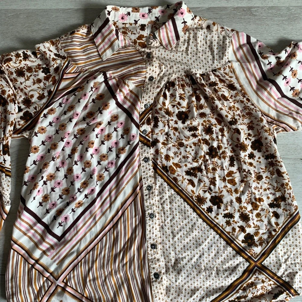 Free‎ People Hazel Patchwork Button Down Blouse in Tea Combo Size M